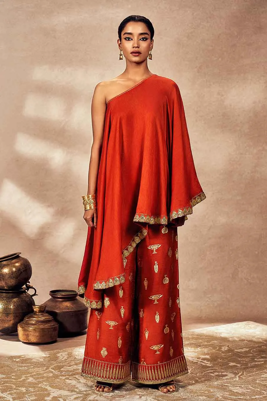 Rust Printed One-Shoulder Tunic & Pant Set