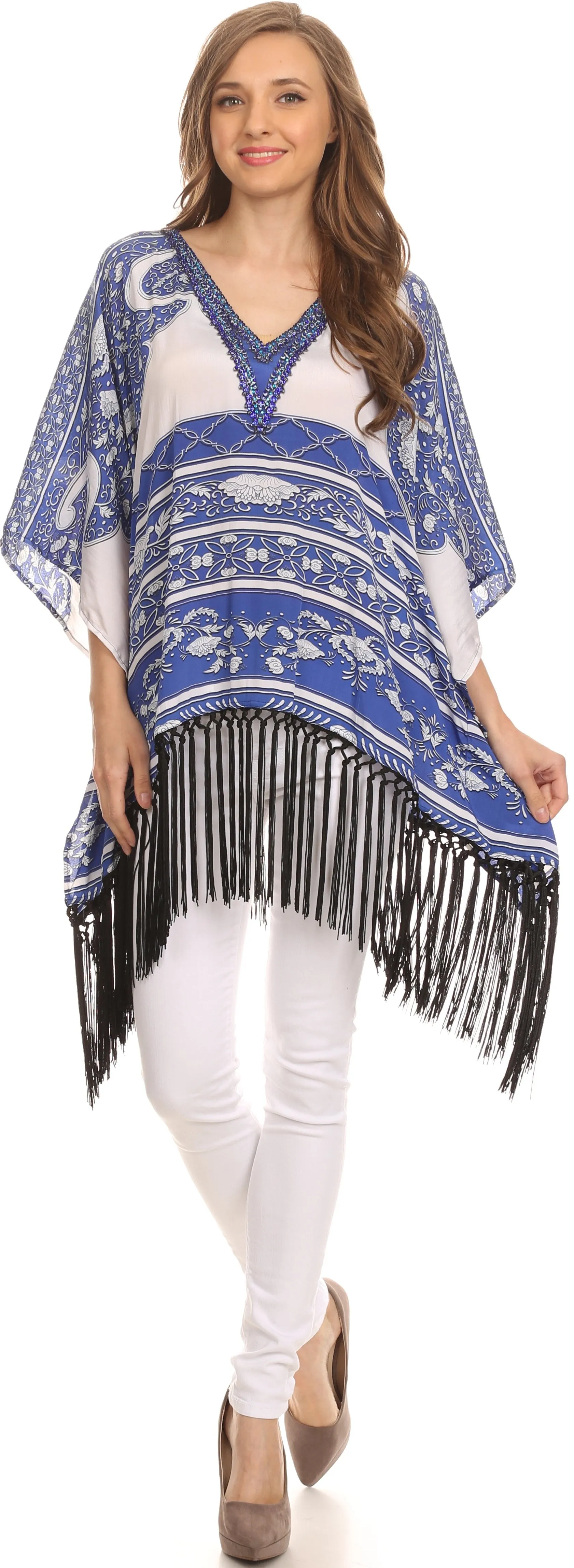 Sakkas Short Poncho Tatum Poncho Top Shirt Blouse With Knotted Fringe Tassles