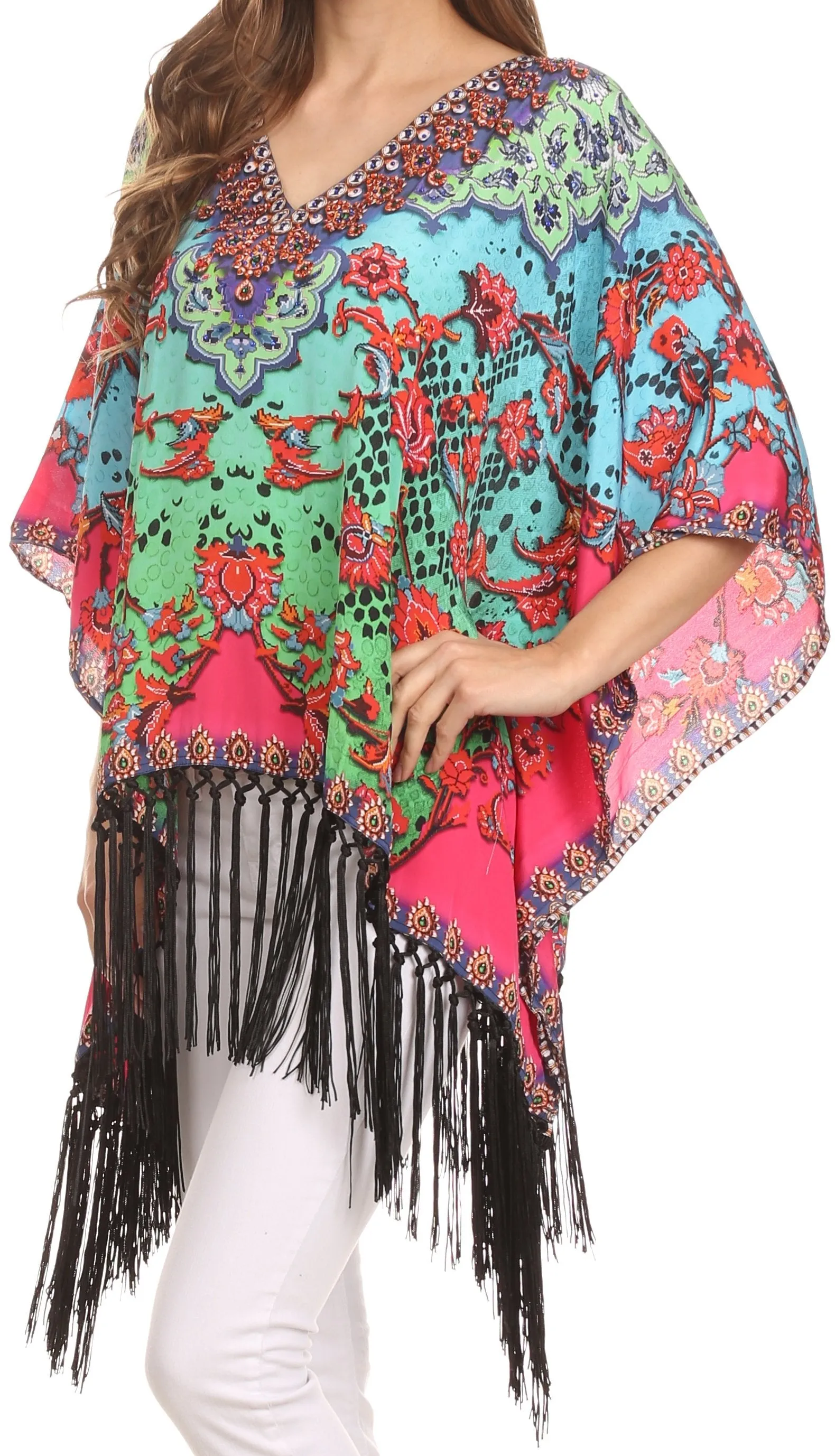 Sakkas Short Poncho Tatum Poncho Top Shirt Blouse With Knotted Fringe Tassles