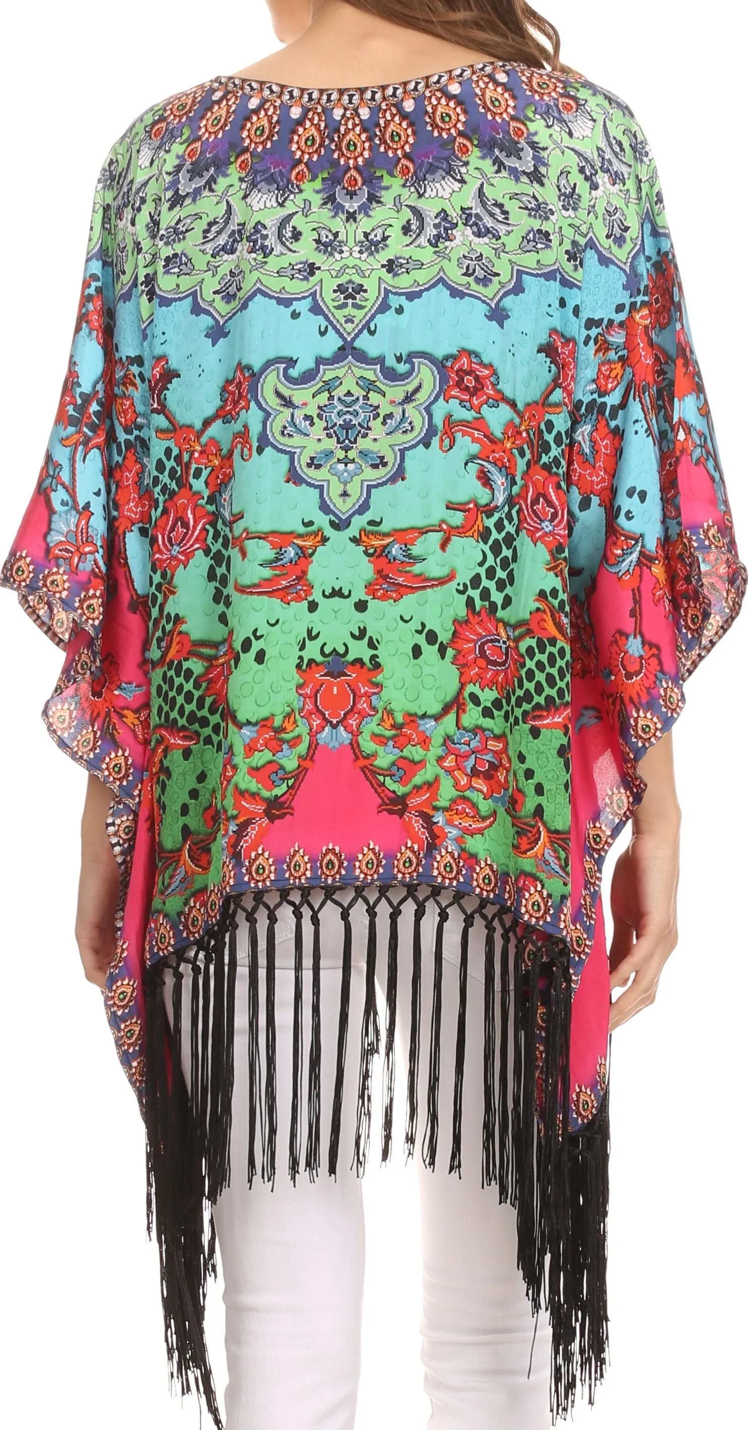 Sakkas Short Poncho Tatum Poncho Top Shirt Blouse With Knotted Fringe Tassles