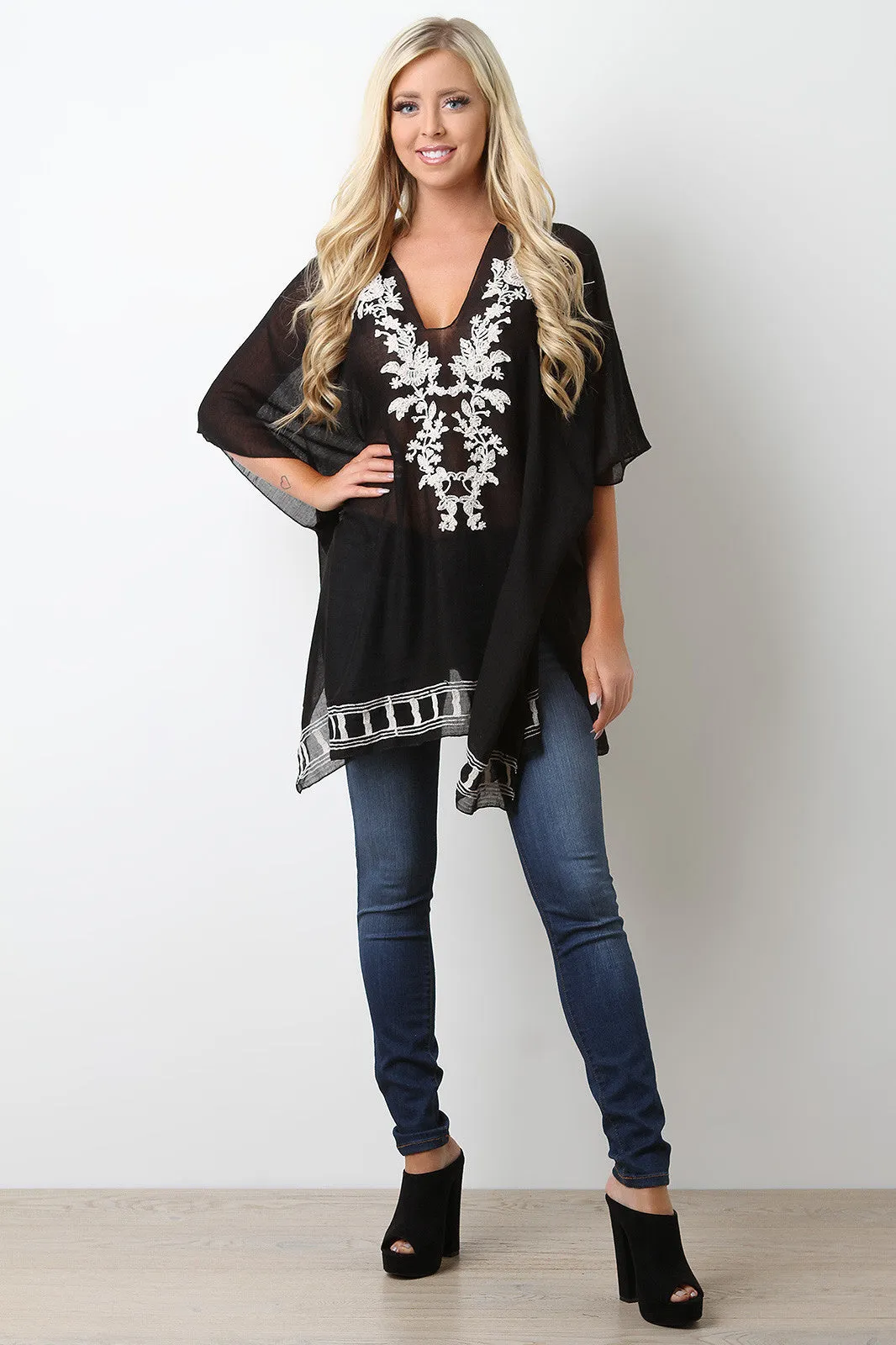 Semi-Sheer Floral Embroidery Poncho Top