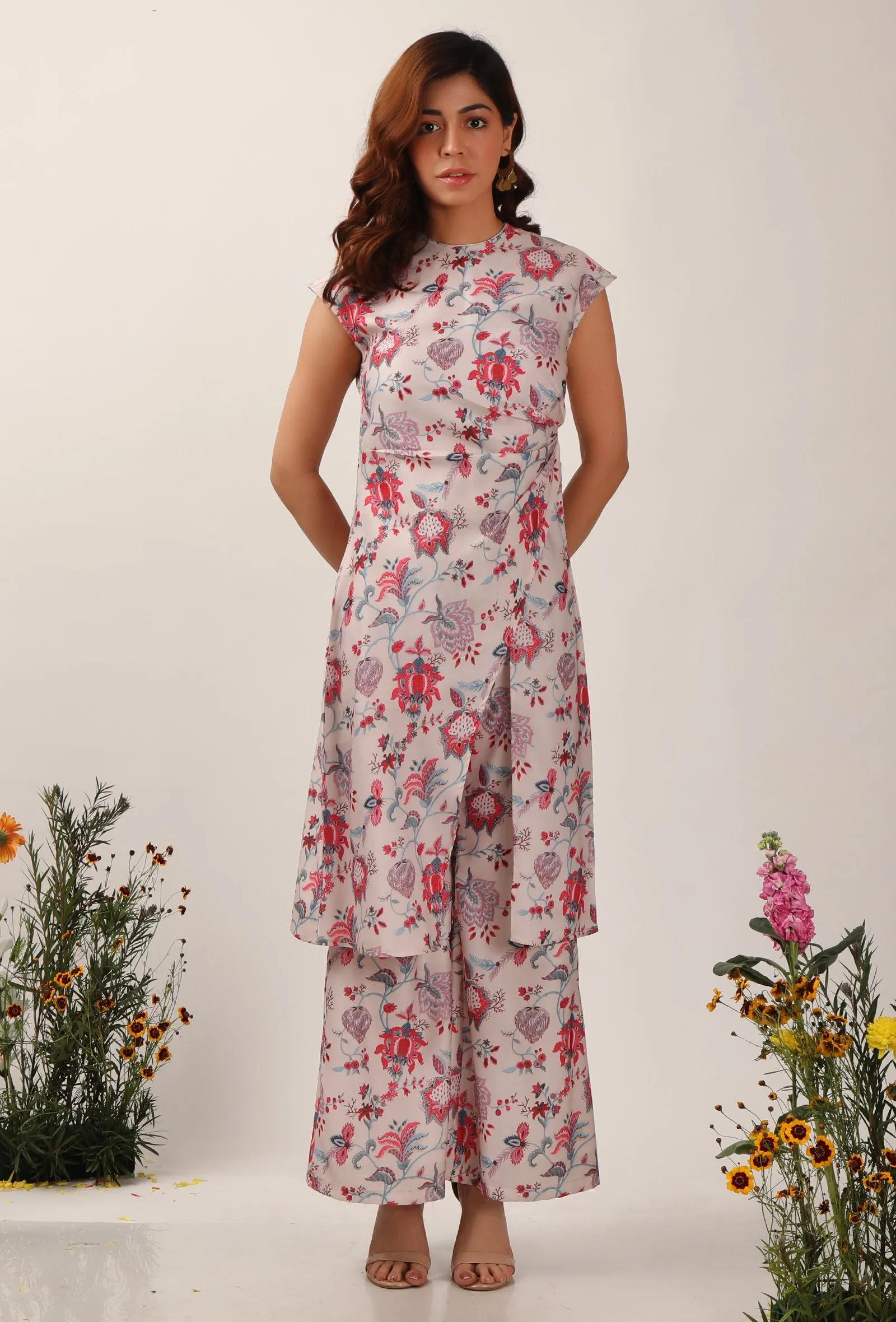 Set Of 2: Nadia Floral Chintz Slit Tunic With Bell Bottom Pants