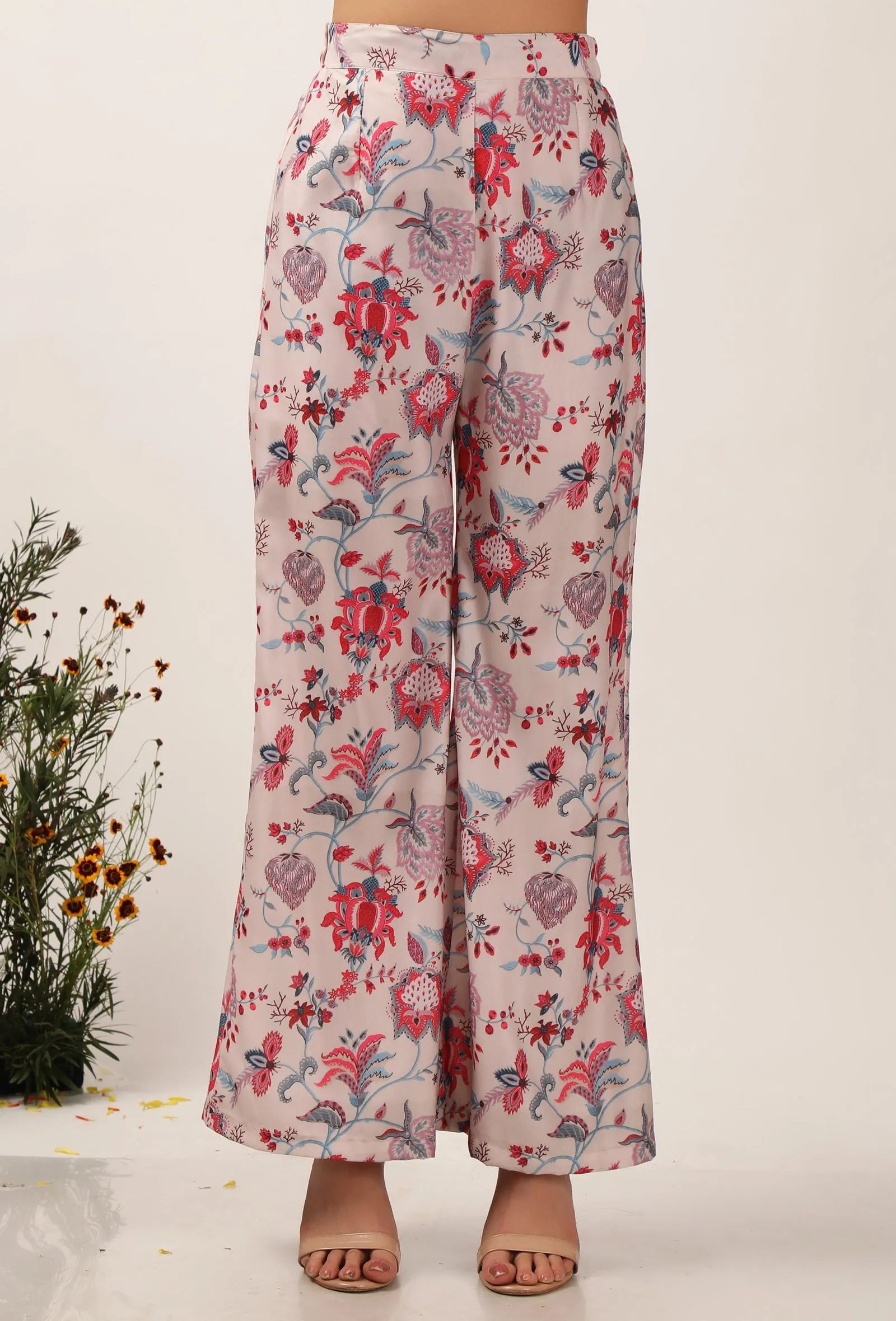 Set Of 2: Nadia Floral Chintz Slit Tunic With Bell Bottom Pants