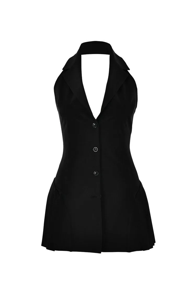 Sexy Plunge Halter Lapel Collar Button Up Sleeveless Pleated Vest Party Mini Dress