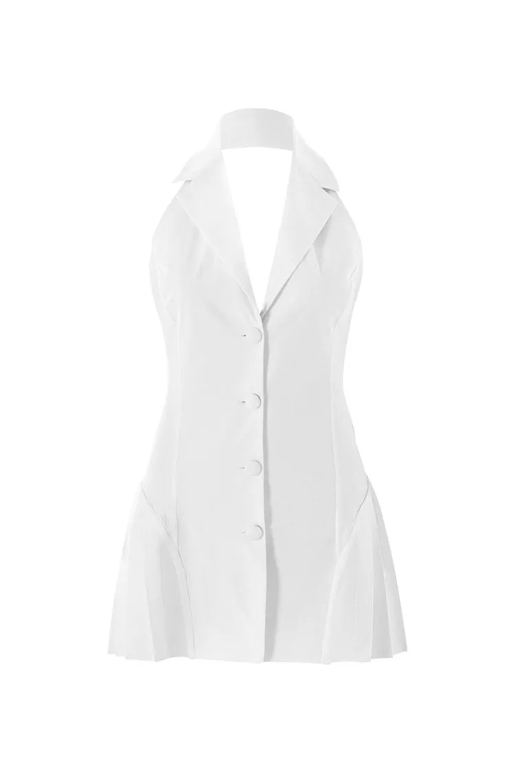 Sexy Plunge Halter Lapel Collar Button Up Sleeveless Pleated Vest Party Mini Dress