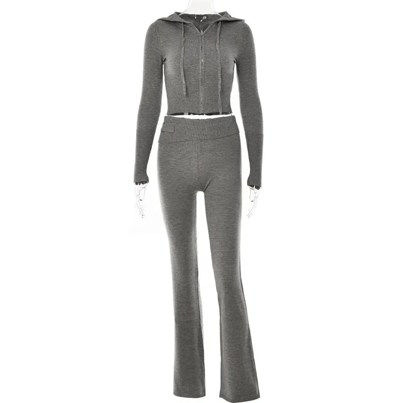 Sexy Women Tracksuit Long Sleeve Zipper Hooded Crop Sweater Skinny Pants Suit Y2K Knitted Sweatshirt 2 Piece Sets 2023 Spring