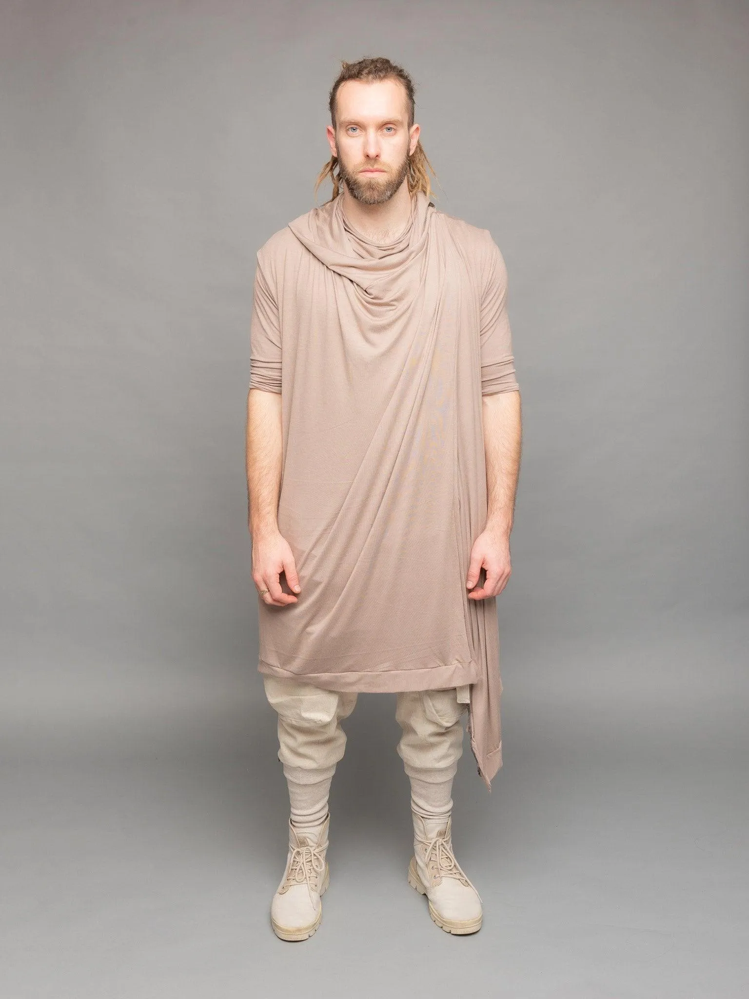 Shadow Men's Long Sleeveless Cardigan with Hood - Taupe