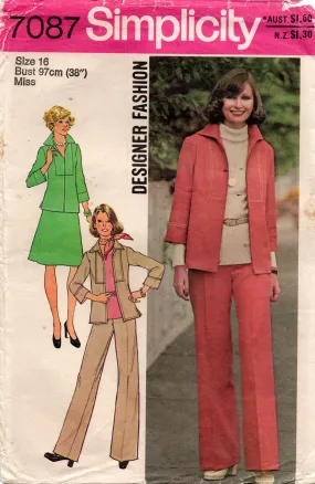 Simplicity 7087 Womens Designer Shirt/Jacket Skirt & Flared Pants 1970s Vintage Sewing Pattern Size 16 Bust 38 inches