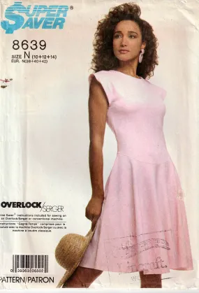 Simplicity 8639 Womens Stretch Dropped Waist Dress with Cap Sleeves 1980s Vintage Sewing Pattern Size 10 - 14 UNCUT Factory Folded