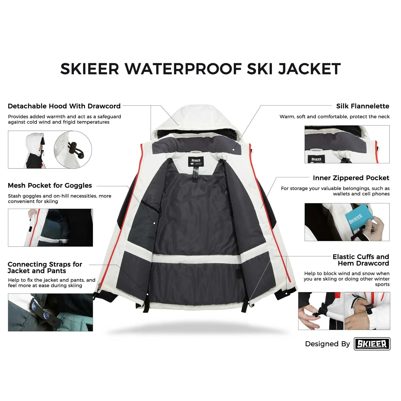 Skieer Men's Ski Jacket Waterproof Rain Jacket Wind Resistant Short Parka Multicolor L