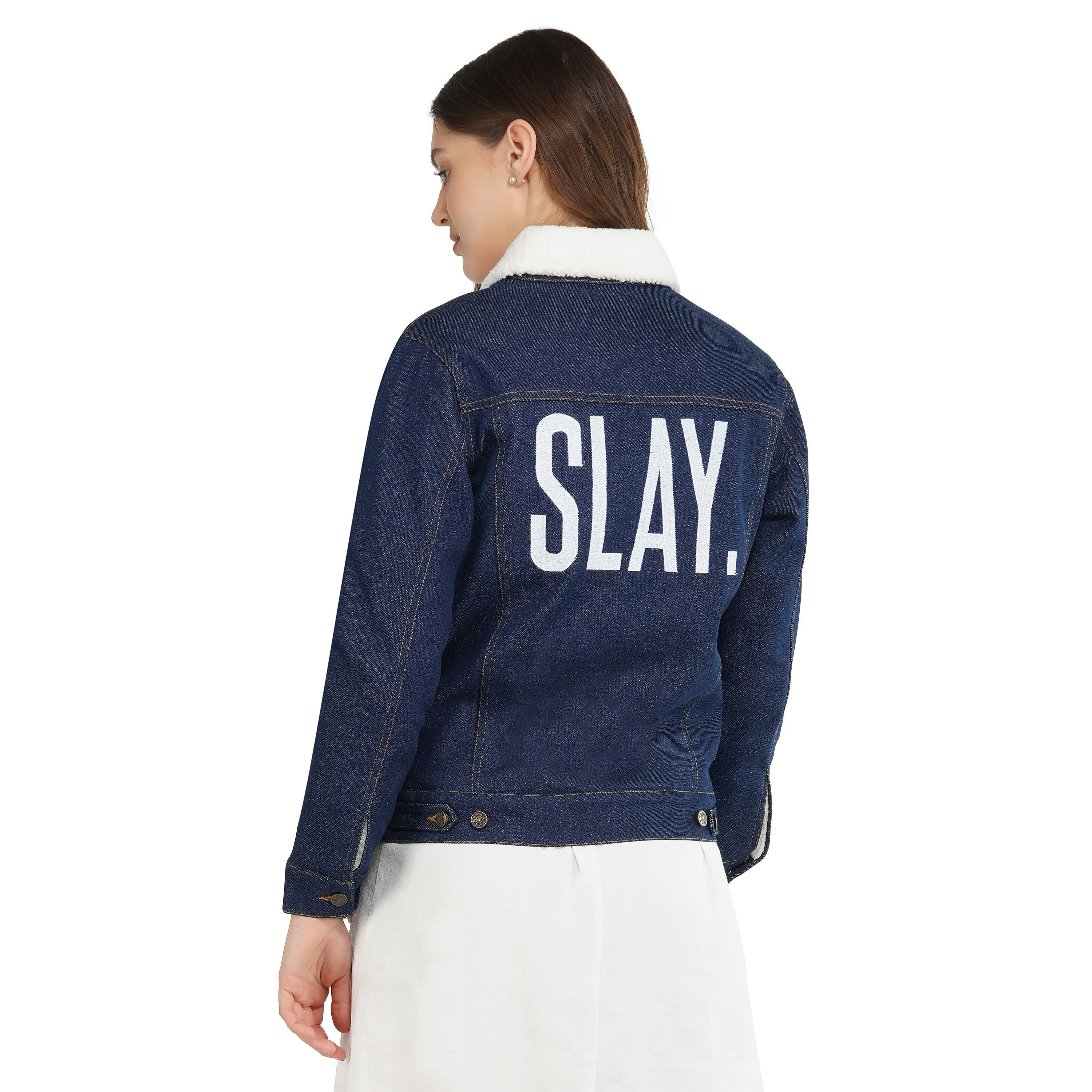 SLAY. Women's Embroidered Denim Navy Blue Jacket with Faux-fur Lining