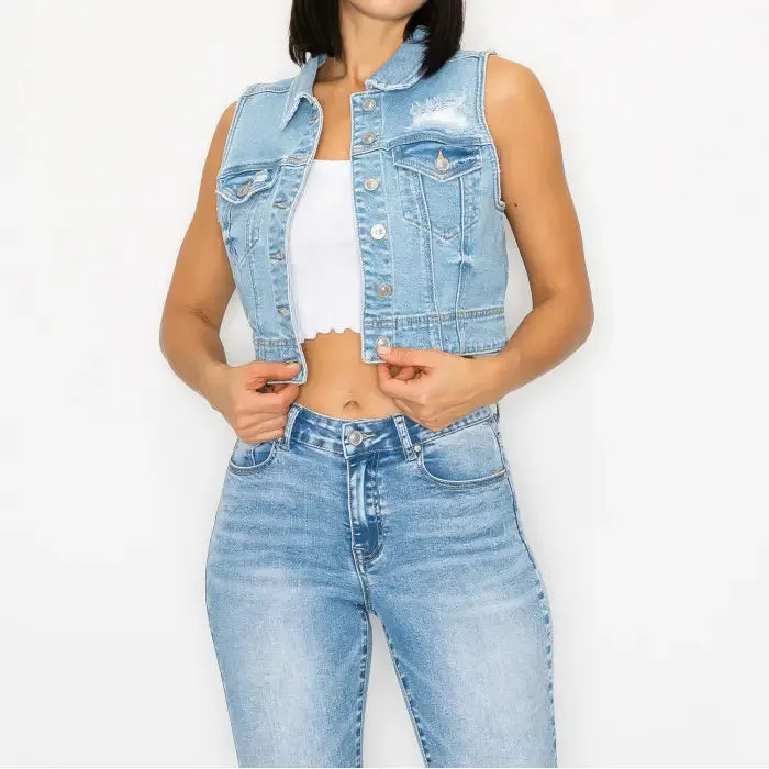 Slightly Destroyed Cropped Boxy Denim Vest