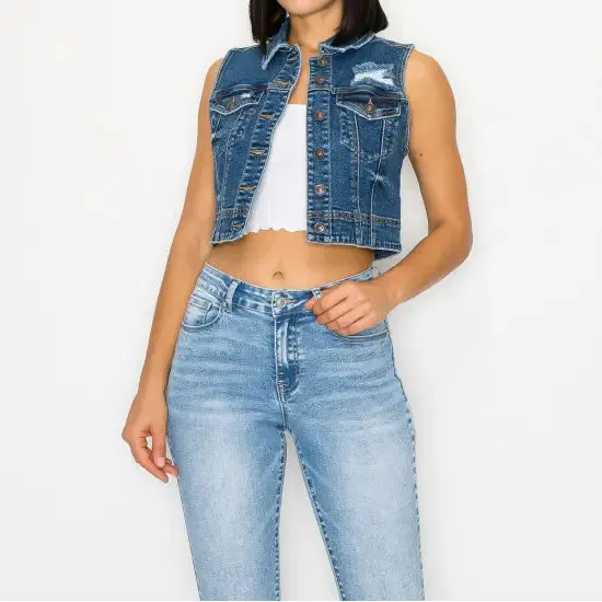 Slightly Destroyed Cropped Boxy Denim Vest