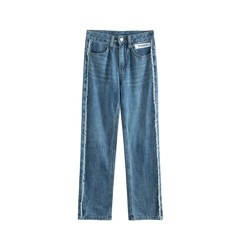 Slimming High-Waisted Floor-Length Draping Frayed Versatile Straight-Leg Jeans