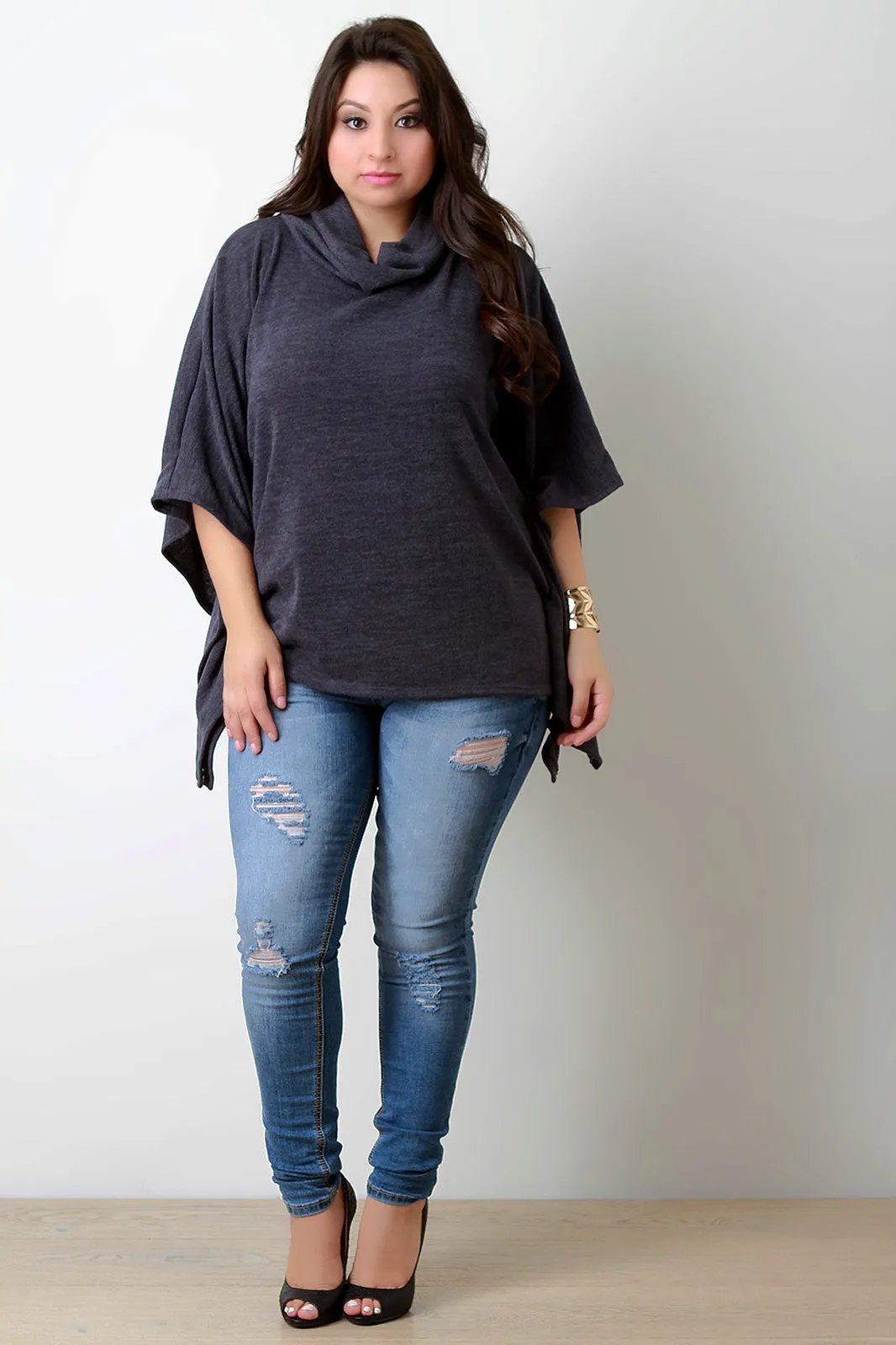 Soft Knit Cowl Neck Poncho Top