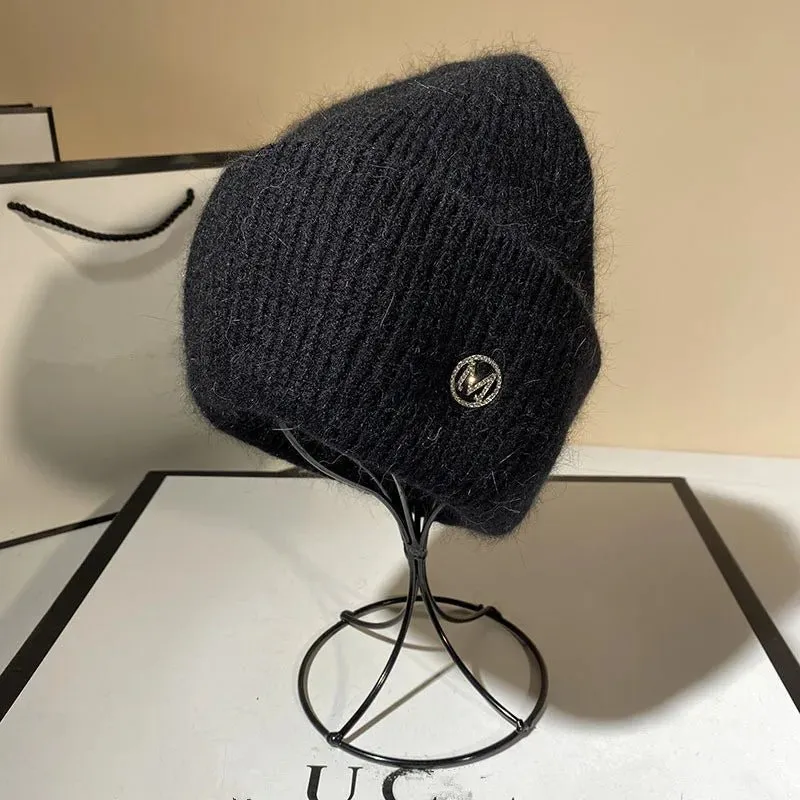 Soft Ribbed Beanie with Crystal Monogram Accent