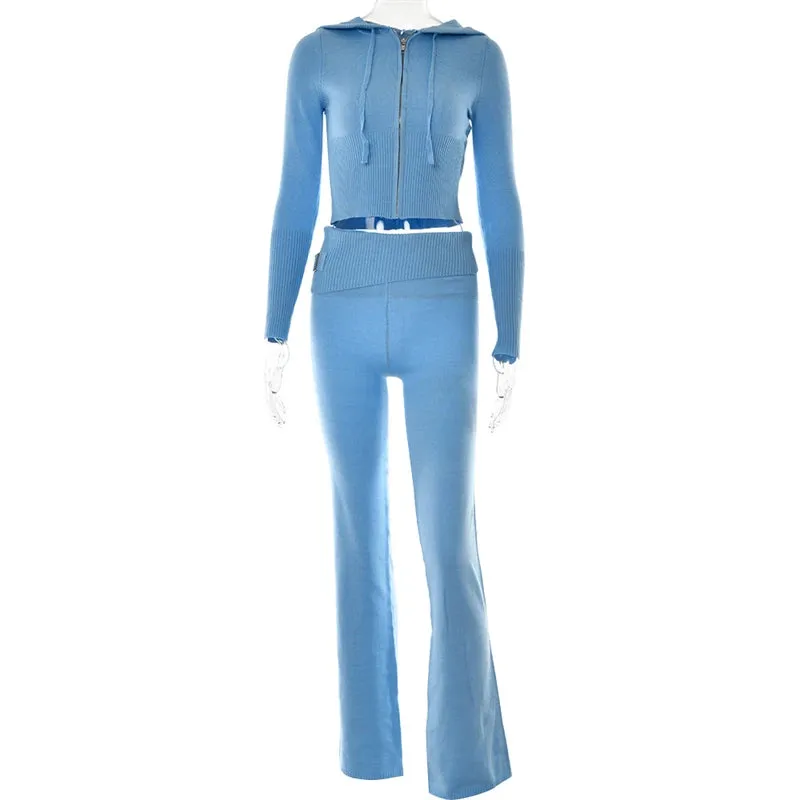 Solid Knitted 2 Piece Sets Women Tracksuit Long Sleeve Zipper Hooded Sweater Jackets Crop Top Flare Pants Stretchy Matching Suit