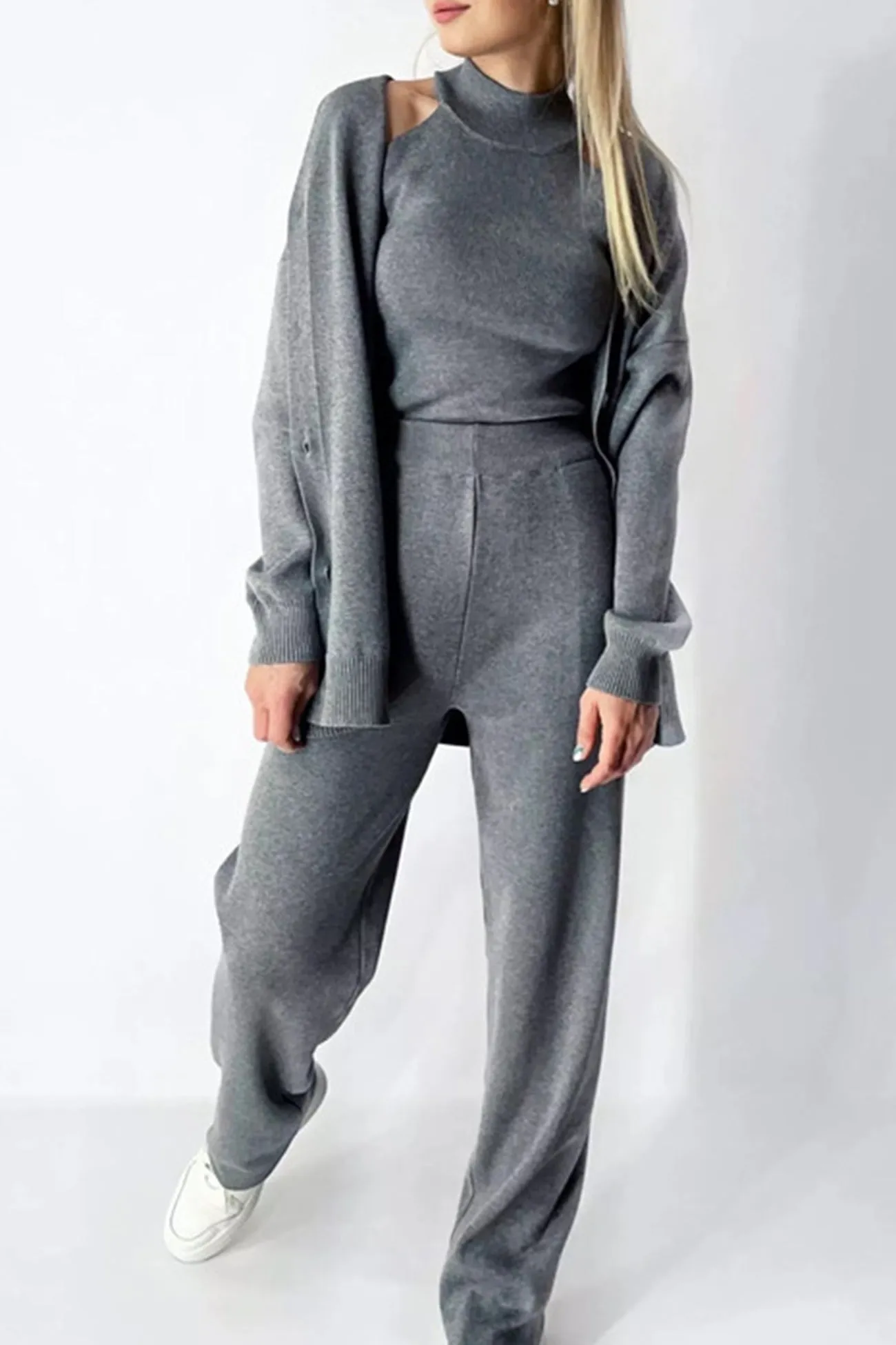 Solid Vest Cardigan Long Pants Knit Three-piece Outfit