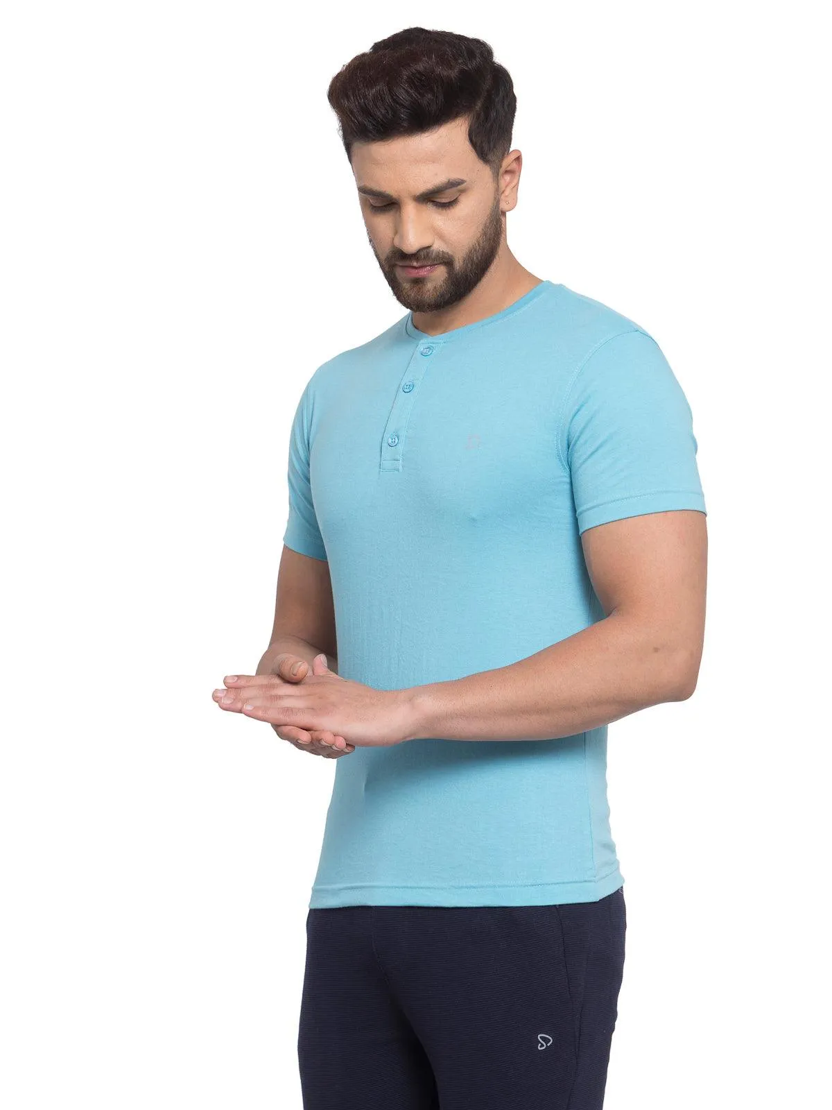 Sporto Men's Henley Neck Cotton T-Shirt - Aqua