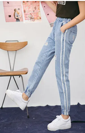 Spring Summer Holes Fashion Women Jeans Trousers Ankle Length Pants High Waist Pockets Harem Stripe Vintage