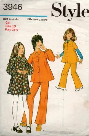 Style 3946 Girls Puffy Sleeved Dress Tunic & Pants 1970s Vintage Sewing Pattern Size 10 Bust 28.5 inches