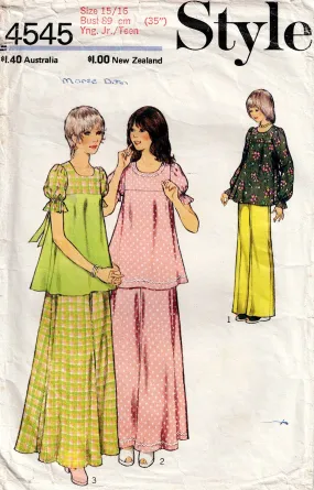 Style 4545 Young Junior Teen High Waisted Puff Sleeved Tunic Maxi Skirt & Pants 1970s Vintage Sewing Pattern Bust 35 inches