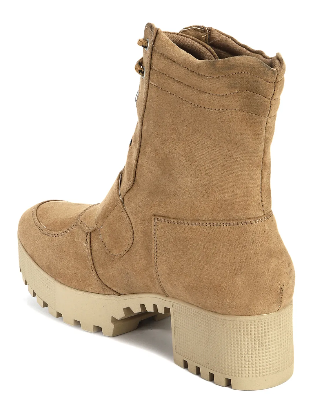 Tan Suede Cleated Bottom Low Heel Ankle Boots