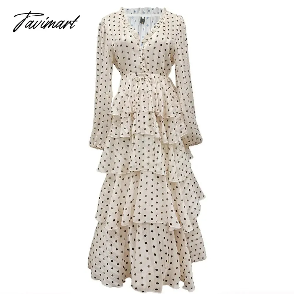 Tavimart Summer Vintage Women Maxi Ruffle Dress Long Sleeve Cake Dress Polka Dot Print Sexy Maxi Tunic Beach Dress Vocation