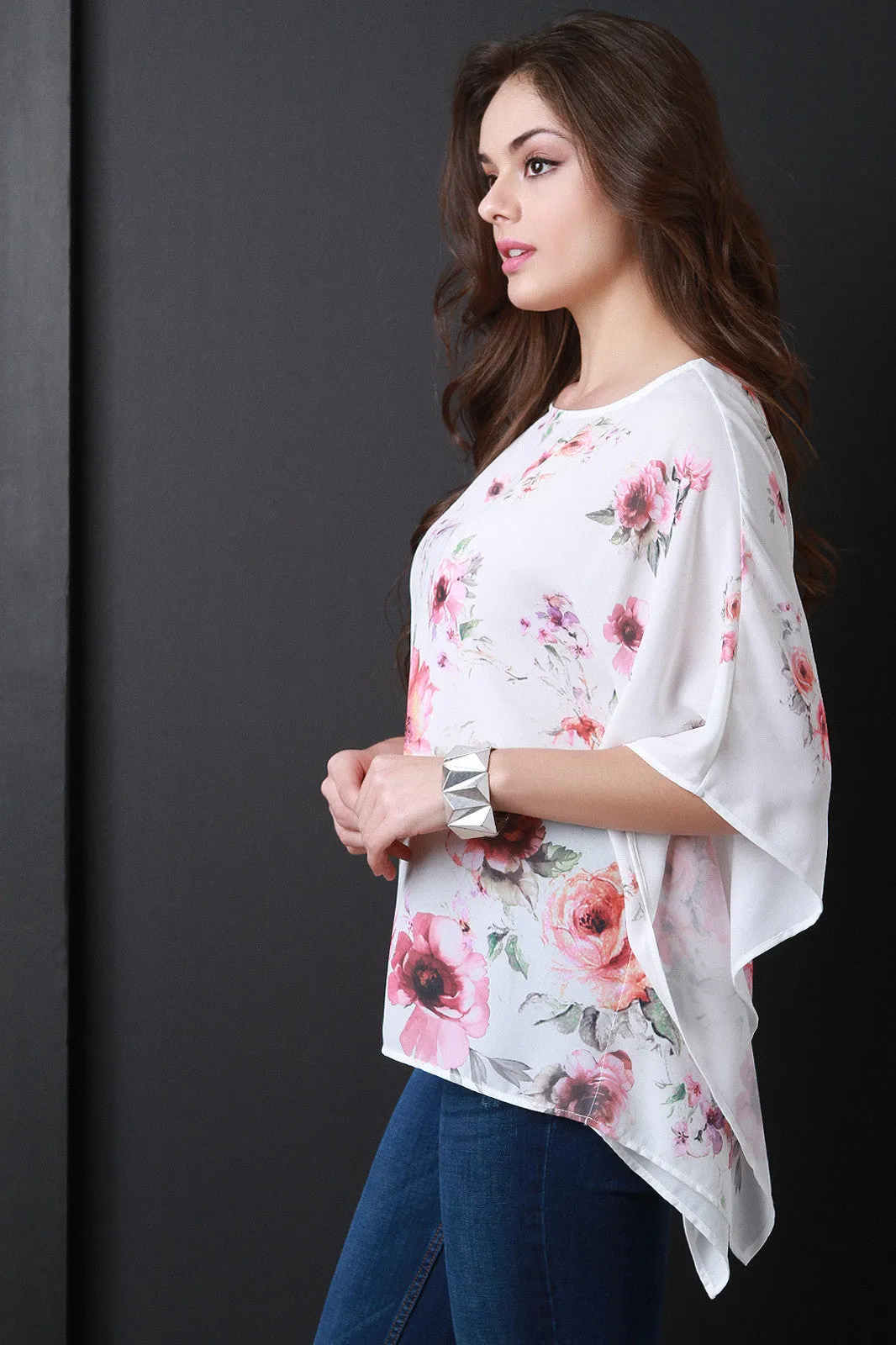 Textured Floral Boat Neck Poncho Top