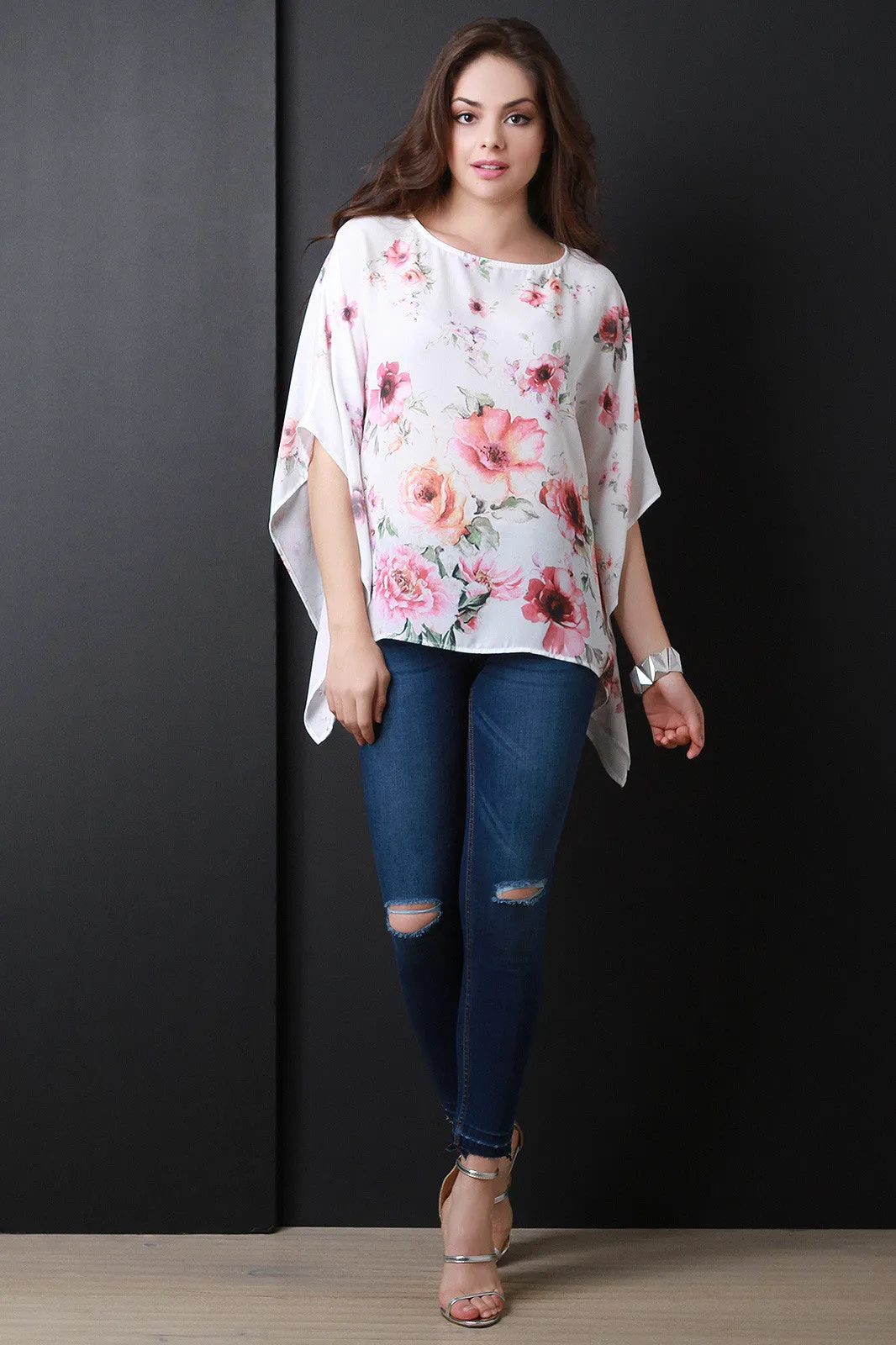 Textured Floral Boat Neck Poncho Top