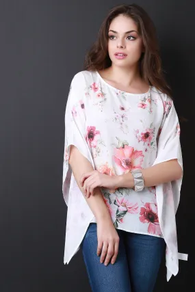 Textured Floral Boat Neck Poncho Top