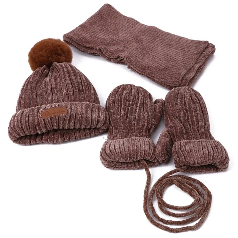 Three-piece Hats Scarf Gloves Set Children Hat Winter Warm Mitten PomPon Knitted Hat Autumn Winter Gilr And Boy Cap Fashion Sets