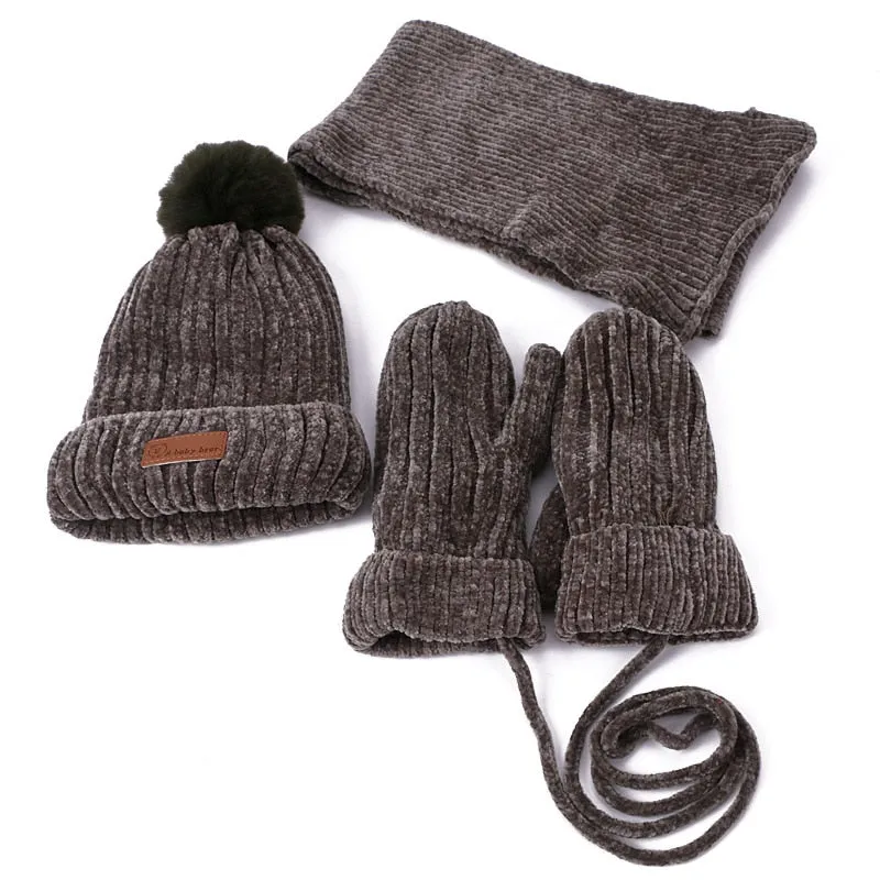 Three-piece Hats Scarf Gloves Set Children Hat Winter Warm Mitten PomPon Knitted Hat Autumn Winter Gilr And Boy Cap Fashion Sets