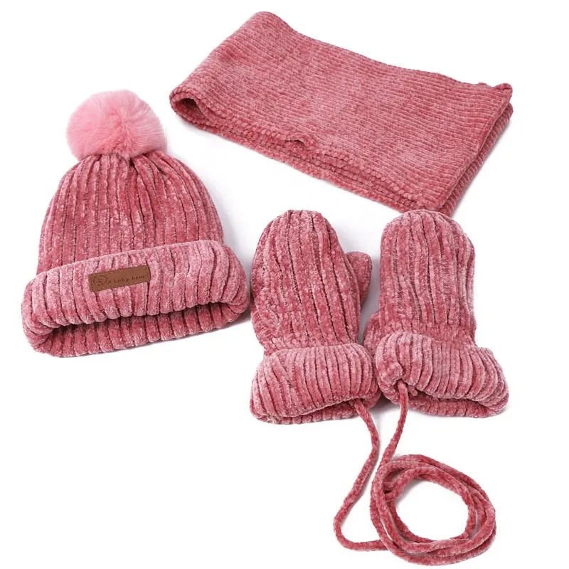 Three-piece Hats Scarf Gloves Set Children Hat Winter Warm Mitten PomPon Knitted Hat Autumn Winter Gilr And Boy Cap Fashion Sets