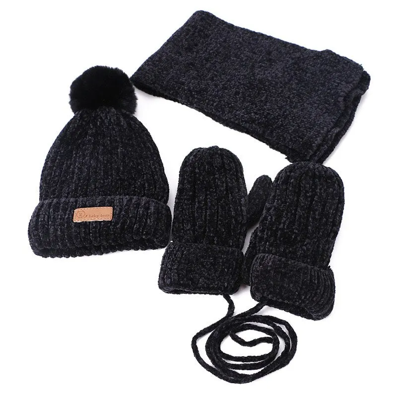 Three-piece Hats Scarf Gloves Set Children Hat Winter Warm Mitten PomPon Knitted Hat Autumn Winter Gilr And Boy Cap Fashion Sets