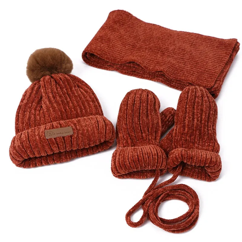 Three-piece Hats Scarf Gloves Set Children Hat Winter Warm Mitten PomPon Knitted Hat Autumn Winter Gilr And Boy Cap Fashion Sets