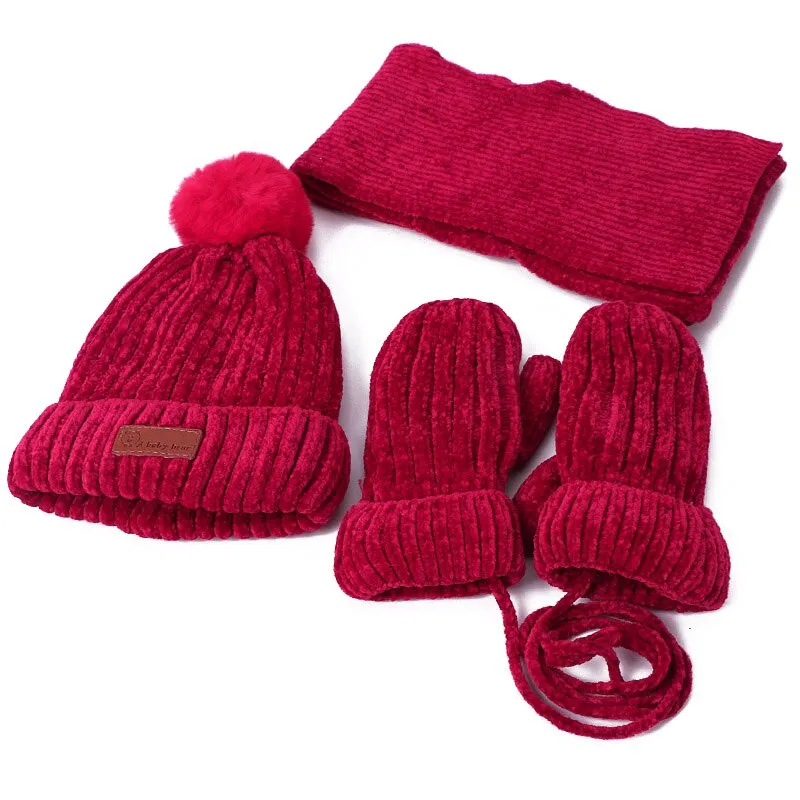 Three-piece Hats Scarf Gloves Set Children Hat Winter Warm Mitten PomPon Knitted Hat Autumn Winter Gilr And Boy Cap Fashion Sets