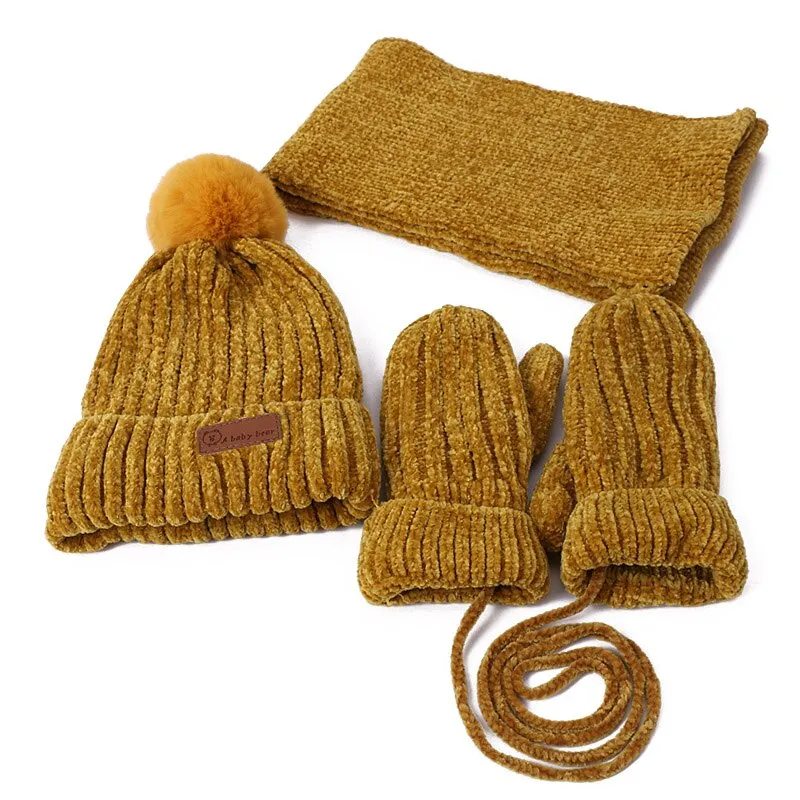 Three-piece Hats Scarf Gloves Set Children Hat Winter Warm Mitten PomPon Knitted Hat Autumn Winter Gilr And Boy Cap Fashion Sets