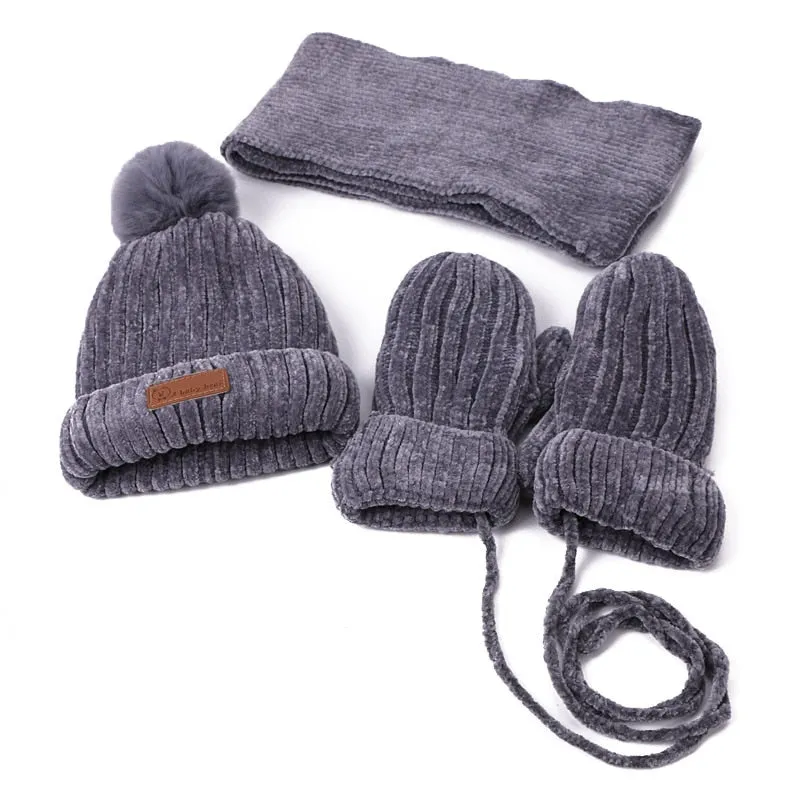 Three-piece Hats Scarf Gloves Set Children Hat Winter Warm Mitten PomPon Knitted Hat Autumn Winter Gilr And Boy Cap Fashion Sets