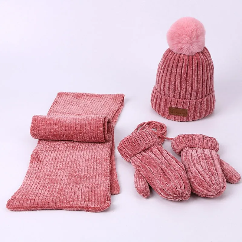 Three-piece Hats Scarf Gloves Set Children Hat Winter Warm Mitten PomPon Knitted Hat Autumn Winter Gilr And Boy Cap Fashion Sets