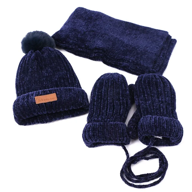 Three-piece Hats Scarf Gloves Set Children Hat Winter Warm Mitten PomPon Knitted Hat Autumn Winter Gilr And Boy Cap Fashion Sets