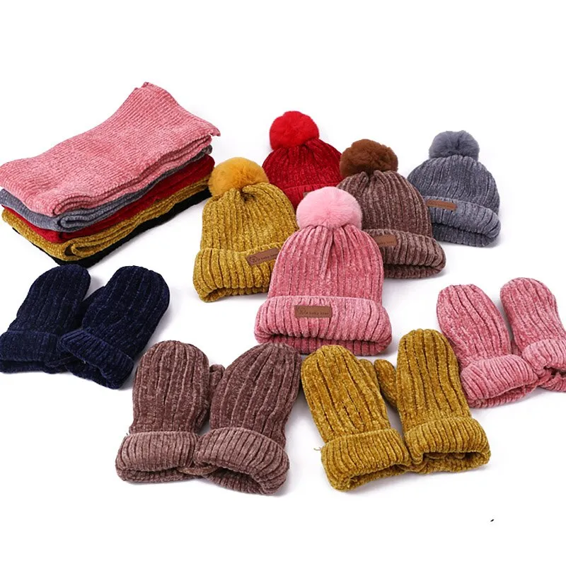 Three-piece Hats Scarf Gloves Set Children Hat Winter Warm Mitten PomPon Knitted Hat Autumn Winter Gilr And Boy Cap Fashion Sets