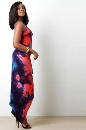 Tie Dye Twisted Knot Asymmetrical Maxi Dress