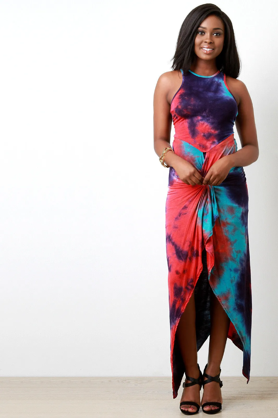 Tie Dye Twisted Knot Asymmetrical Maxi Dress