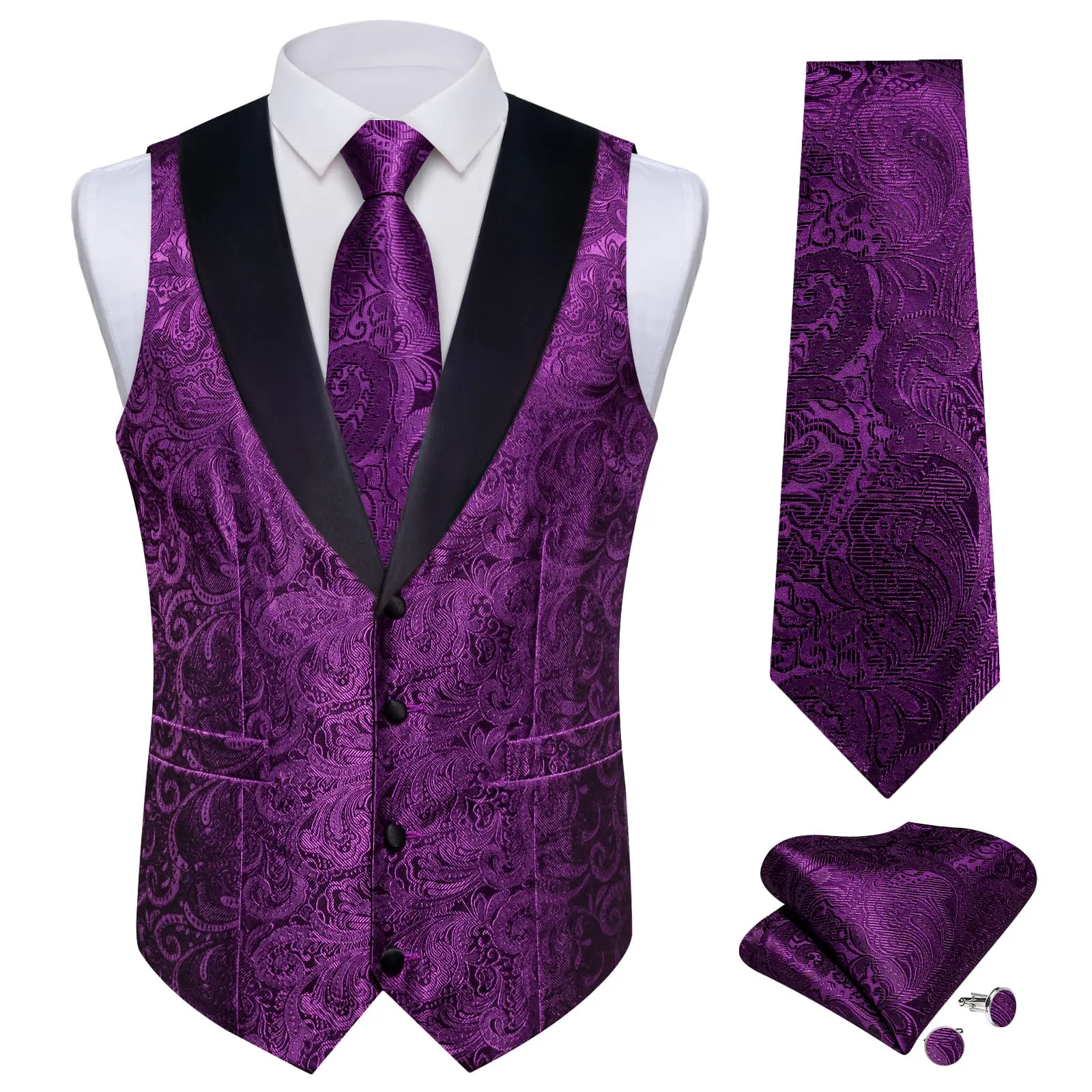 Ties2you Dress Vest Royal Purple Floral Shawl Collar Silk Mens Waistcoat Tie Set