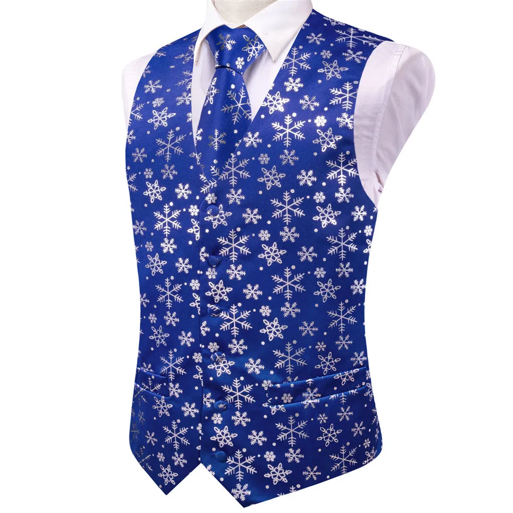 Ties2you Mens Silk Waistcoat Blue Silver Snow Christmas Vest Necktie Set