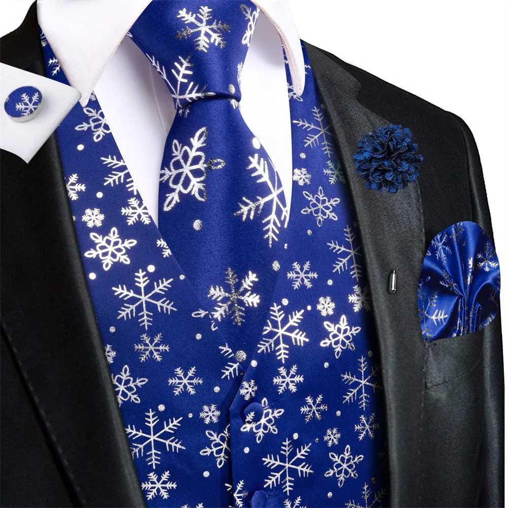 Ties2you Mens Silk Waistcoat Blue Silver Snow Christmas Vest Necktie Set