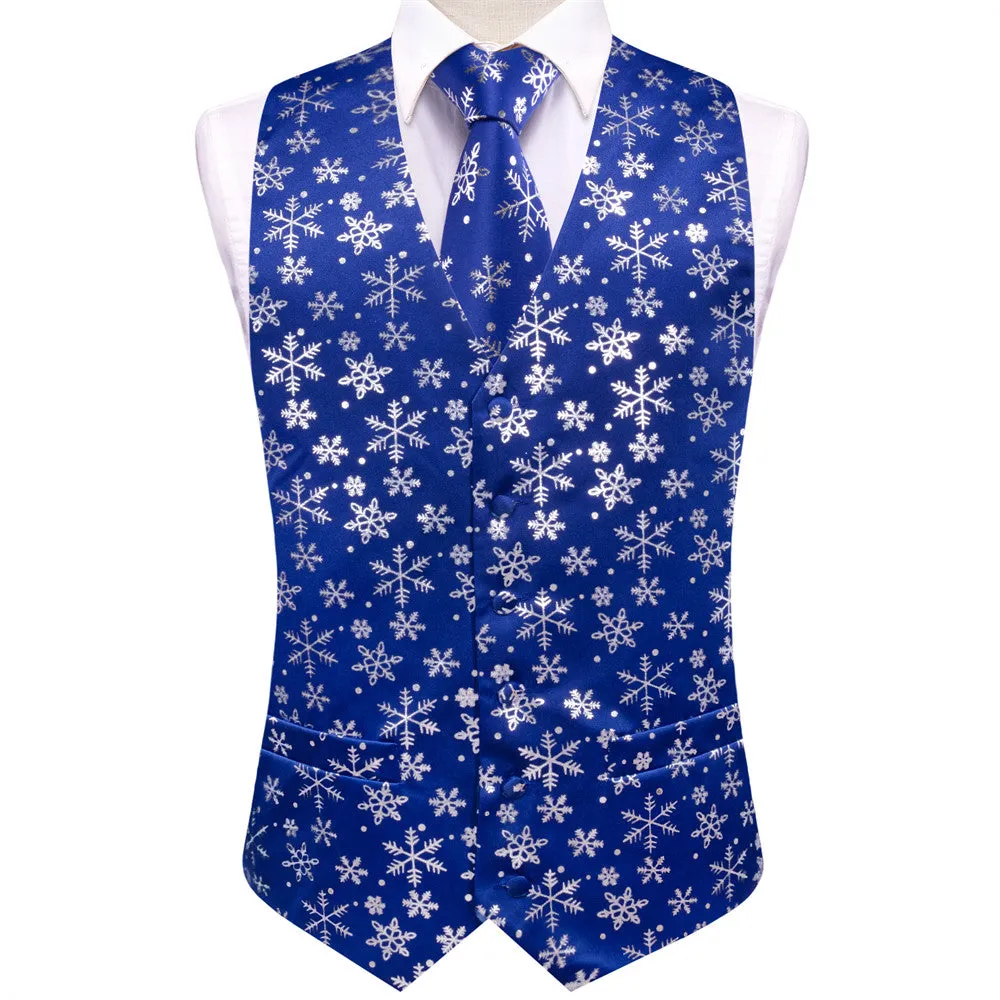 Ties2you Mens Silk Waistcoat Blue Silver Snow Christmas Vest Necktie Set