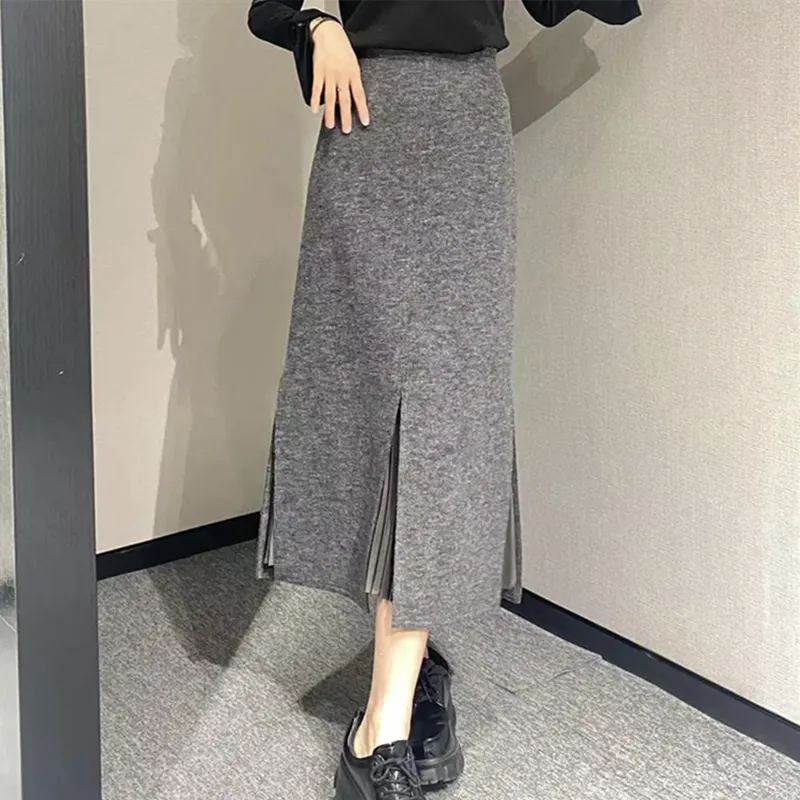 Toleet Fall Women's Outfits 2024 Winter New High Waist Pleated Mid-Length over-the-Knee Woolen Split Sheath Skirt for Women