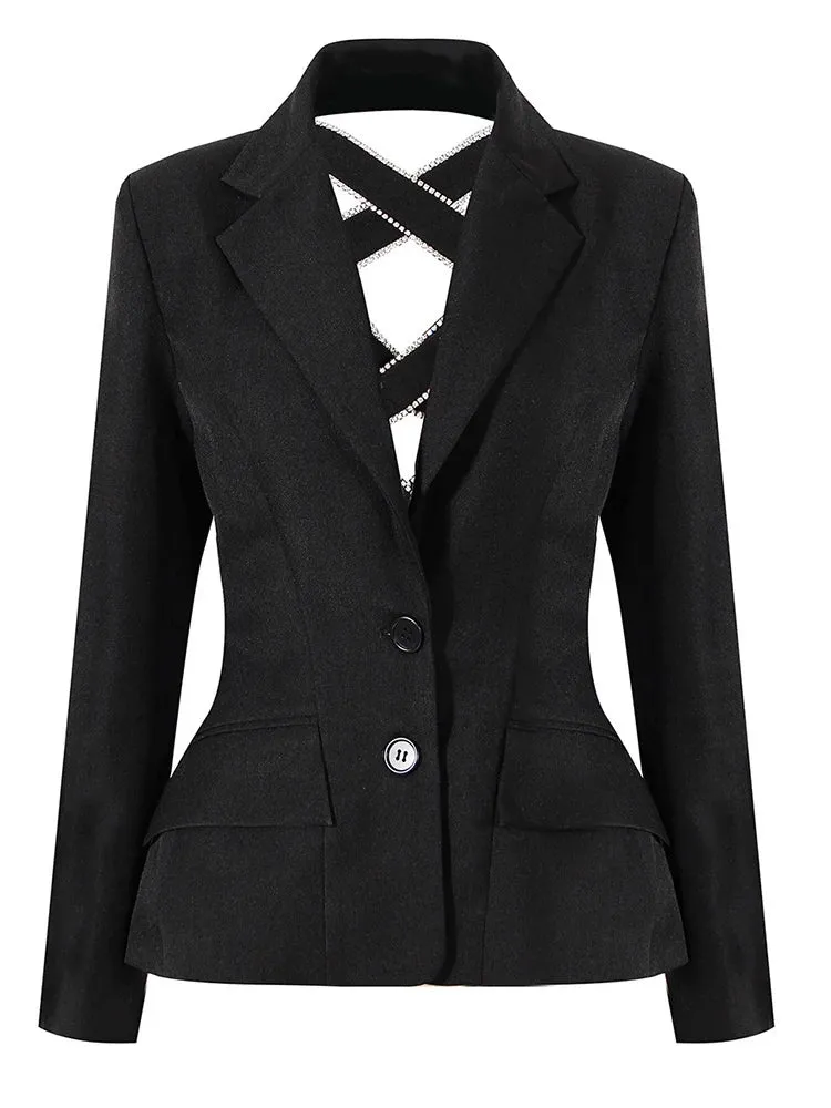 Trendy Black Bow Hollow Out Rhinestones Blazer Jacket